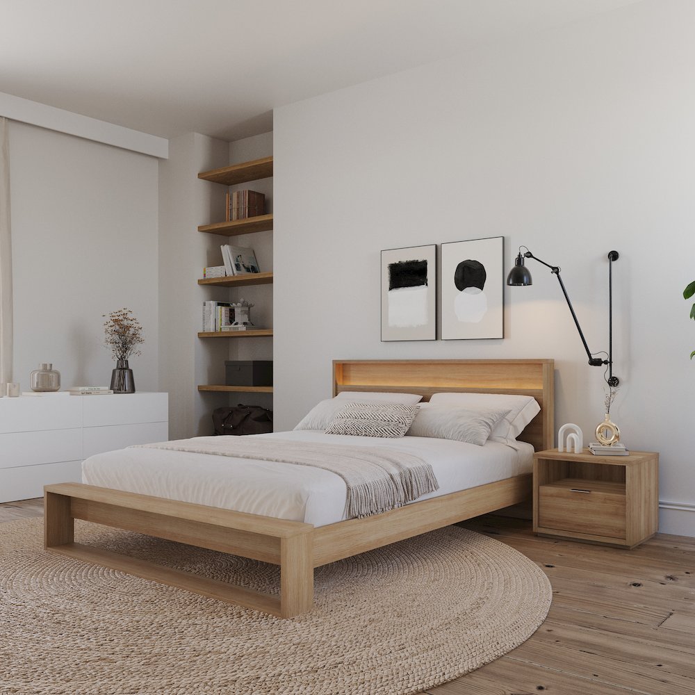 Gael 3 Piece Bedroom Set with Slatted Bedframe, Headboard with Integrated Light