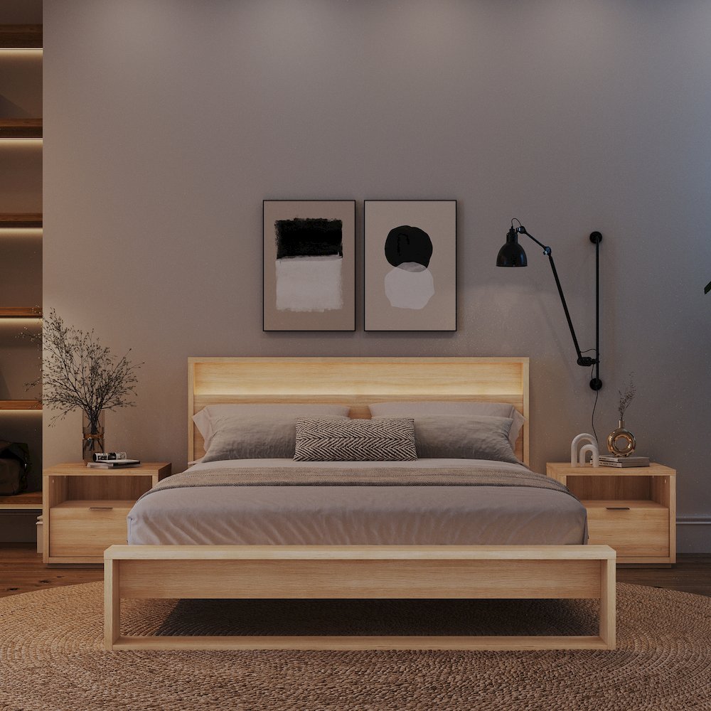 Gael 4 Piece Bedroom Set with Slatted Bedframe, Headboard with Integrated Light
