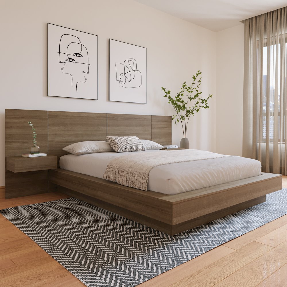 Napa 4-Piece Platform Bedroom Set With Floating Nightstand In Brown Oak