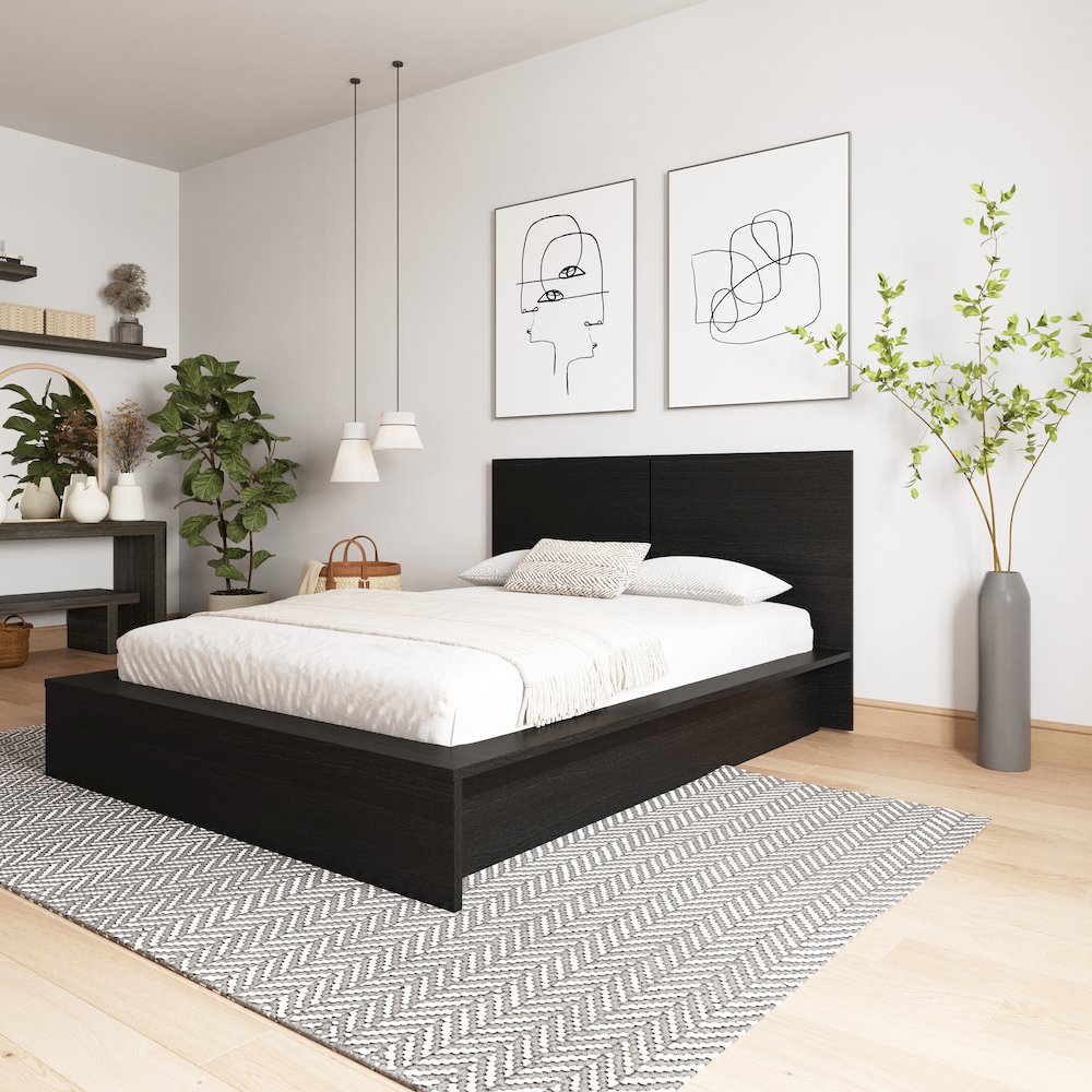 James Platform Bed with Headboard In Black Karisma