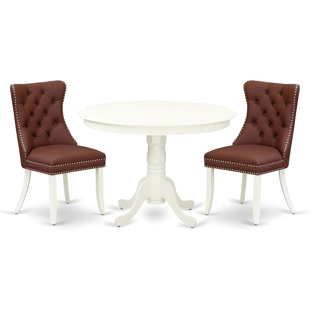 East West Furniture HLDA3-LWH-26 3 Piece Dining Room Furniture Set Includes a Round Kitchen Table with Pedestal and 2 Upholstered Parson Chairs, Small, Linen White