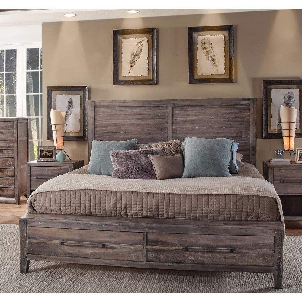 Aurora King Panel Bed - With Storage Footboard - Weathered Grey
