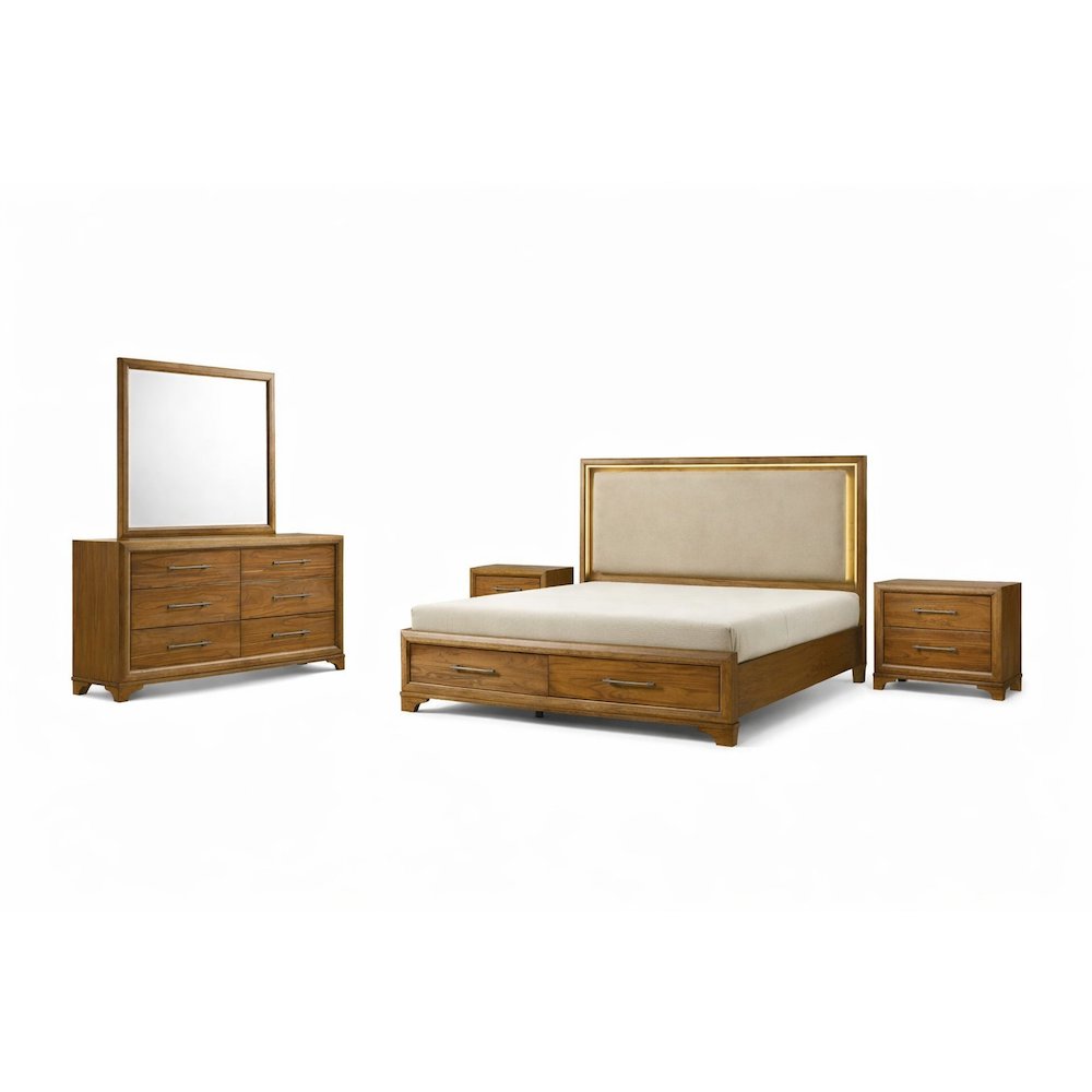 Talcott 5Pc Wood Queen Bedroom Set, 2 Nightstand in Honey/Brown