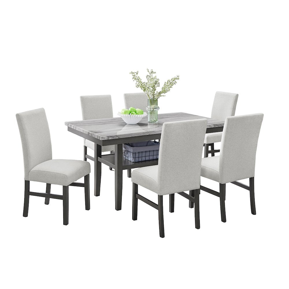 Selena 7-Piece 60" Rectangular Gray Faux Marble Top Dining Set with 6 Chairs