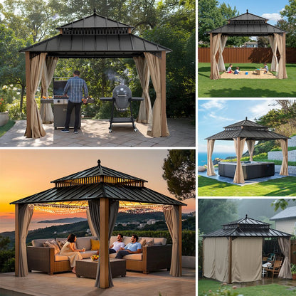 12 ft x 12 ft Aluminum Frame Steel Double Roof Hardtop Rectangular Gazebo