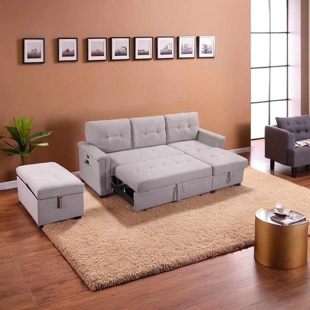 Contemporary Gray Reversible Sleeper Sectional Sofa with Storage and USB Ports