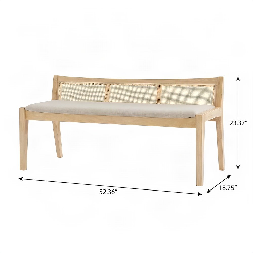 Rattan Cane Upholstered Dining Bench with Low-Profile Back, Wood Frame, Brown