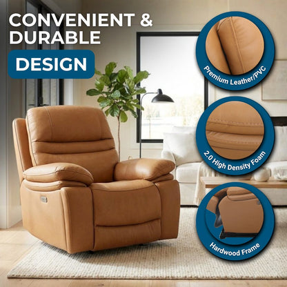 Leather Power Recliner Chair, Top Grain Upholstery, USB & USB-C, 360 lb Support
