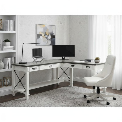 Wood Open L-Desk and Return, 4 Drawers, Power Center, White