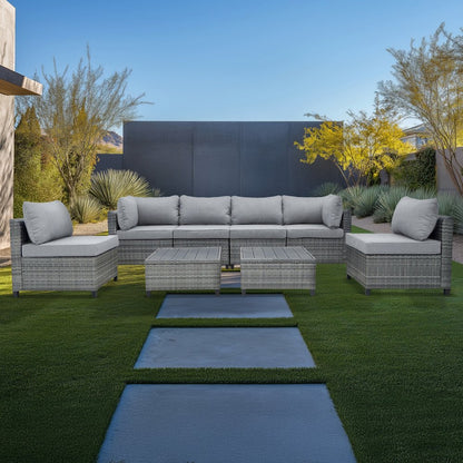 8 Piece Gray Outdoor Sectional Wicker Sofa Chairs and Tables