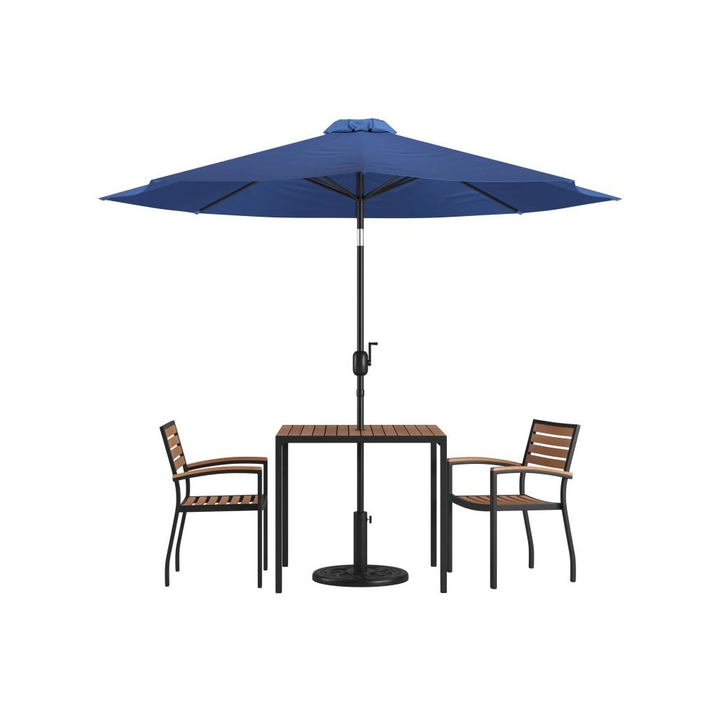 5 Piece Outdoor Patio Table Set with 2 Synthetic Teak Stackable Chairs, 35" Square Table, Navy Umbrella & Base