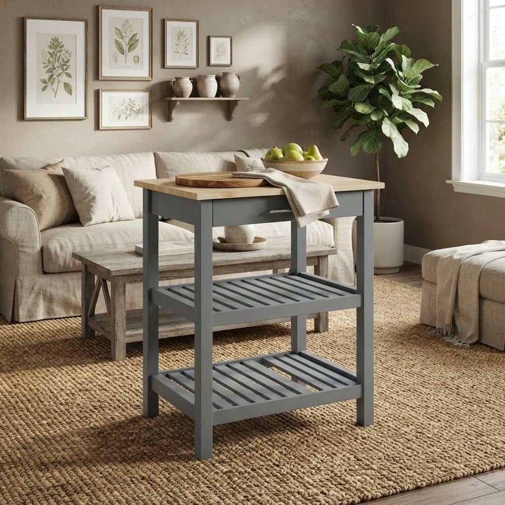 FurniFact Kitchen Island with Solid Wood Top, Slate Gray