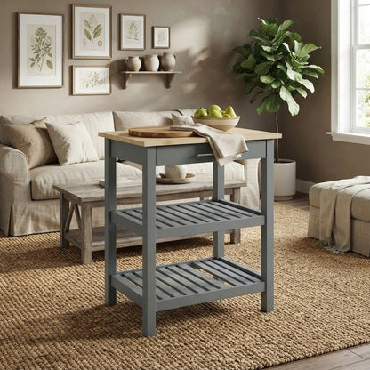 FurniFact Kitchen Island with Solid Wood Top, Slate Gray