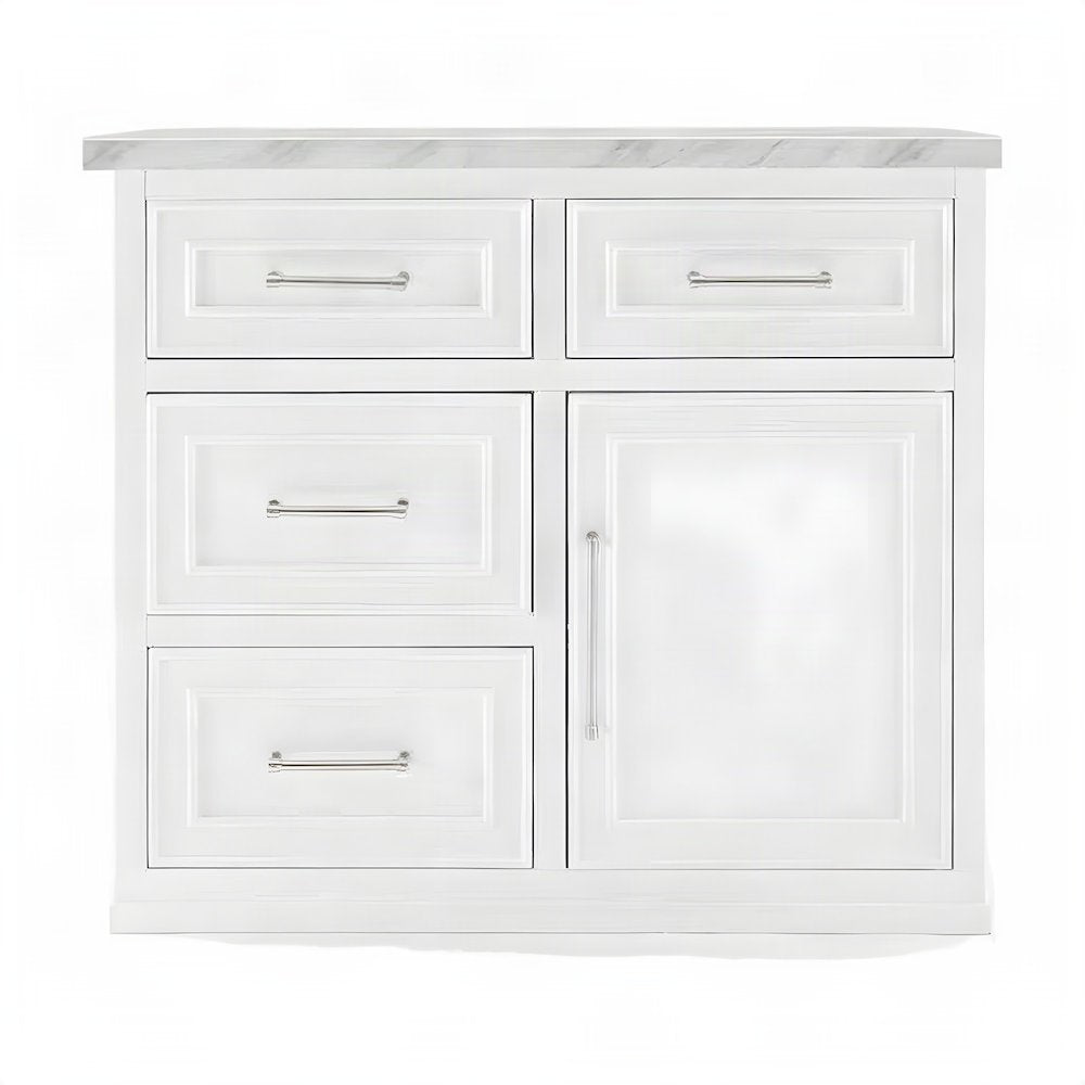 FurniFact Kitchen Island with Faux Marble Top and Beaded Molding, White