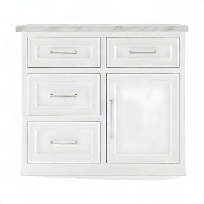 FurniFact Kitchen Island with Faux Marble Top and Beaded Molding, White