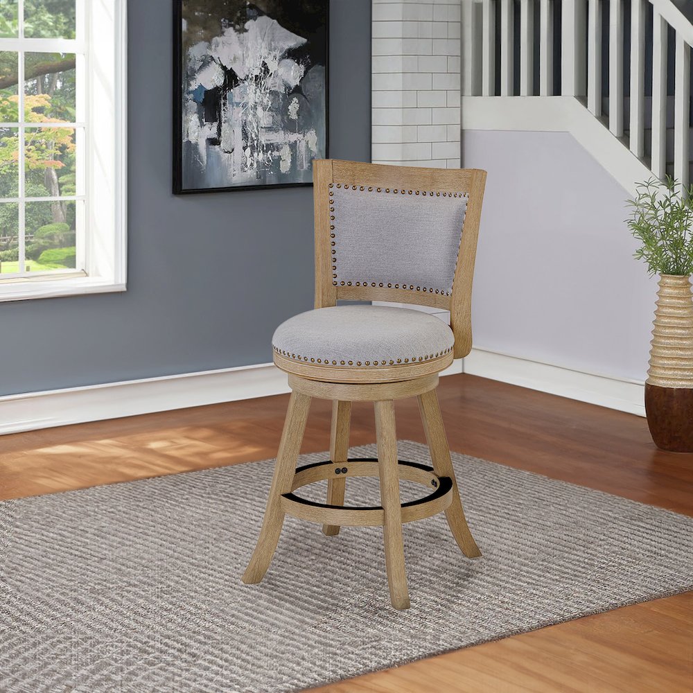 Melrose Grey Fabric Swivel Counter Stool - Driftwood Wire-Brush Finish