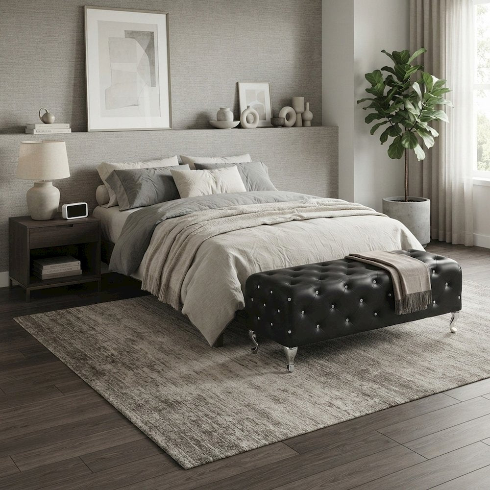 FurniFact Bedroom Bench with Crystal Button-Tufted and Chrome Legs, Black