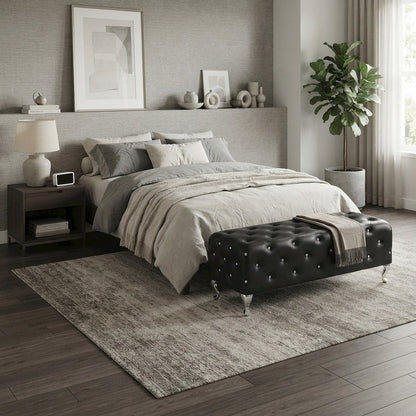 FurniFact Bedroom Bench with Crystal Button-Tufted and Chrome Legs, Black
