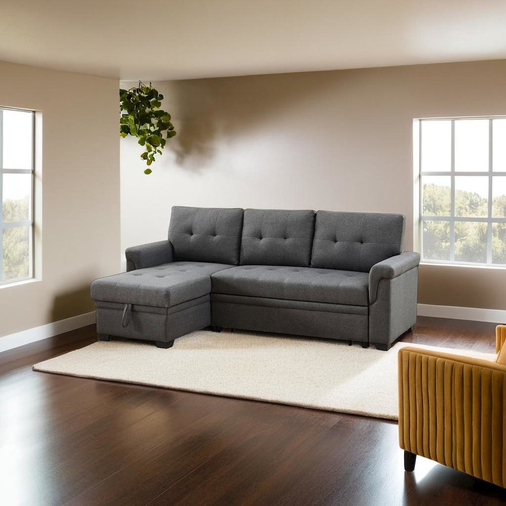 Stylish Reversible Sleeper Sectional Sofa with Storage Chaise in Dark Gray