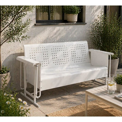 White outdoor sofa glider with anti-tip hardware and 3-seat capacity
