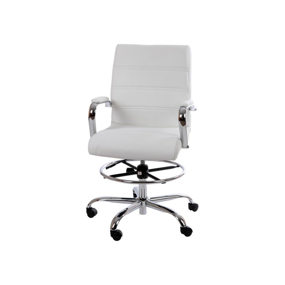 Mid-Back White LeatherSoft Drafting Chair with Adjustable Foot Ring and Chrome Base