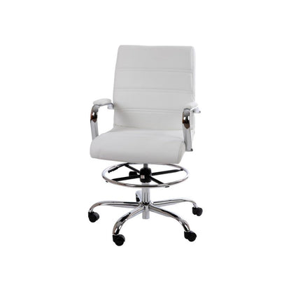 Mid-Back White LeatherSoft Drafting Chair with Adjustable Foot Ring and Chrome Base