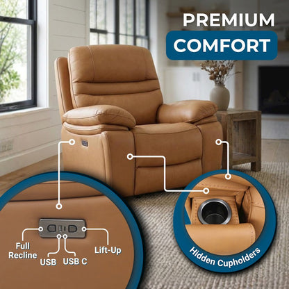 Leather Power Recliner Chair, Top Grain Upholstery, USB & USB-C, 360 lb Support