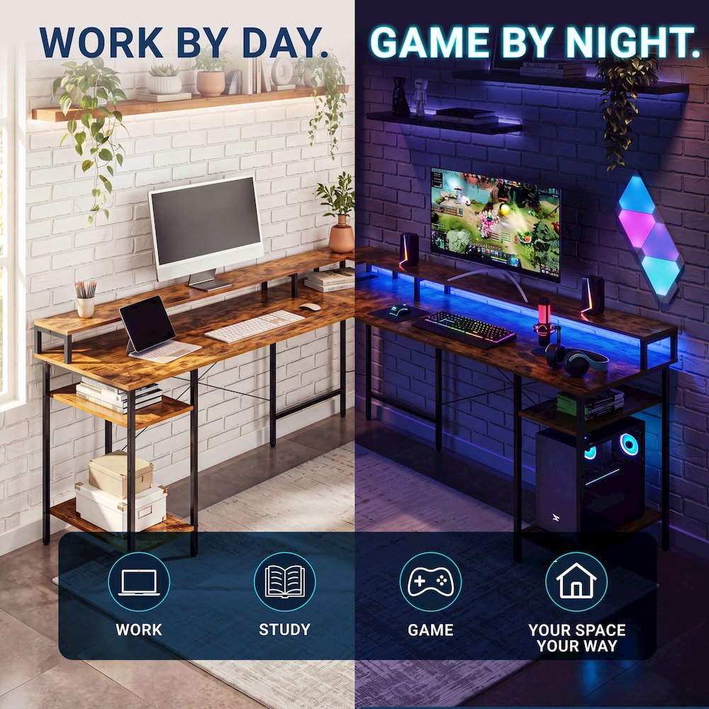 Convertible Straight/L-Shaped Desk, LED Lights & Fabric Drawers, 3 Power Outlets
