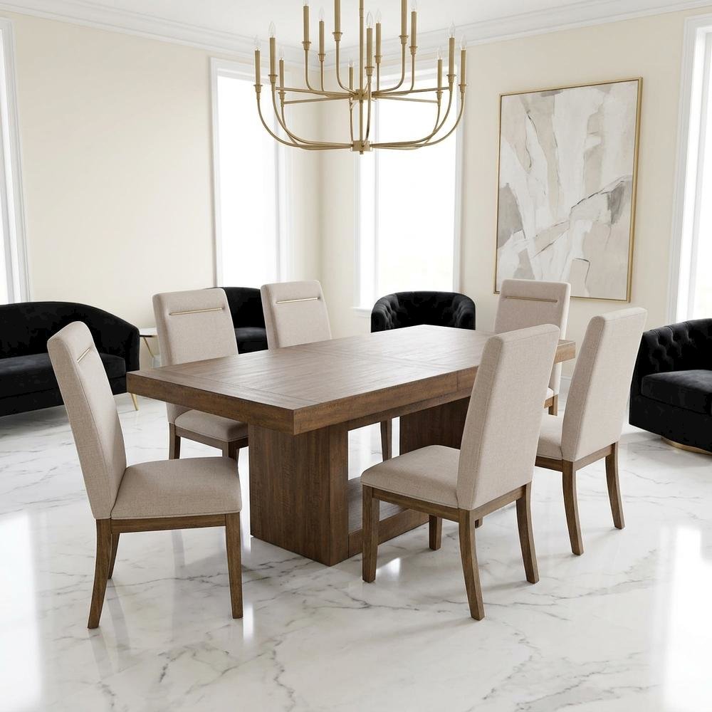 Acacia Wood Dining Table with Chairs, Kitchen Table Set for 6 Dining Room, Brown
