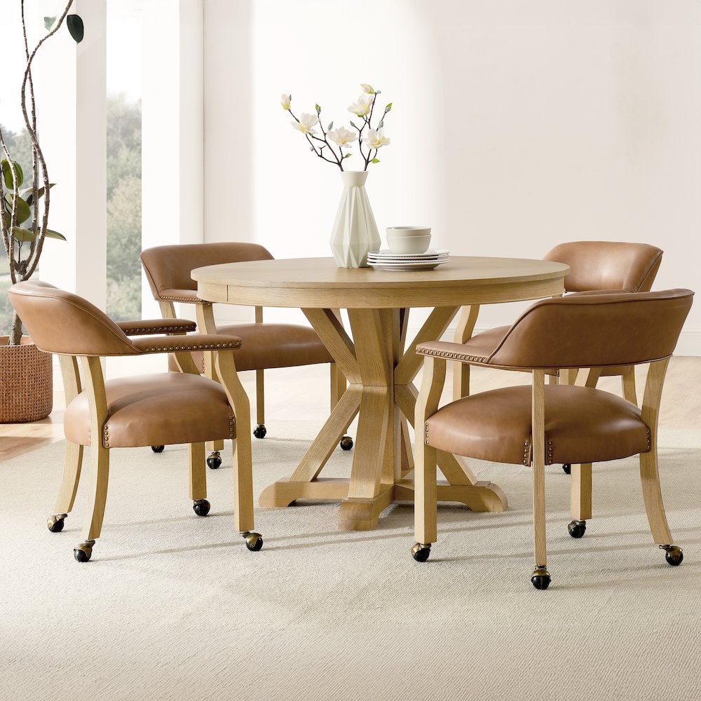 Rylie Dining Table & 4 Captains Chairs, Natural Finish, Camel Vegan Leather