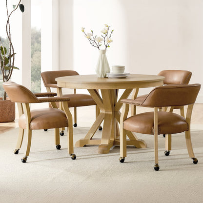 Rylie Dining Table & 4 Captains Chairs, Natural Finish, Camel Vegan Leather