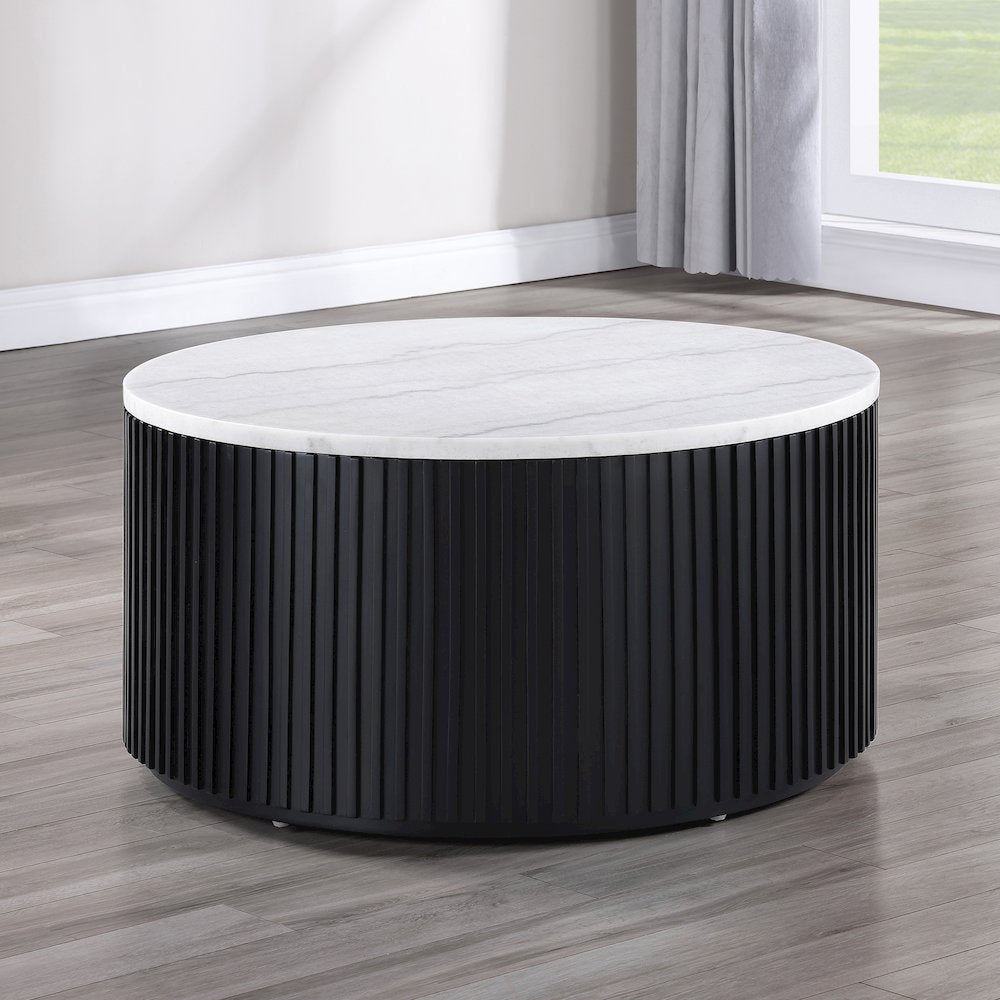 36" Round White Marble Top Coffee Table with Casters, Black Finish