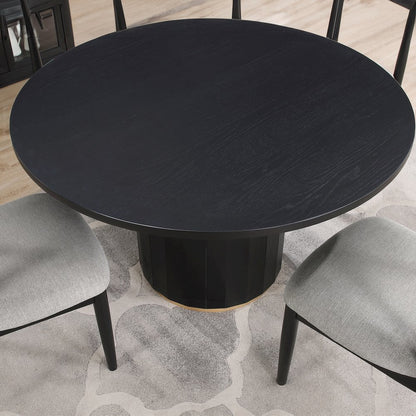 Magnolia 52-inch Round Dining Table & 6 Upholstered Side Chairs, Black Finish