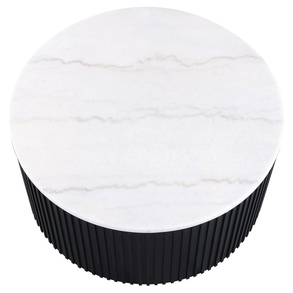 36" Round White Marble Top Coffee Table with Casters, Black Finish