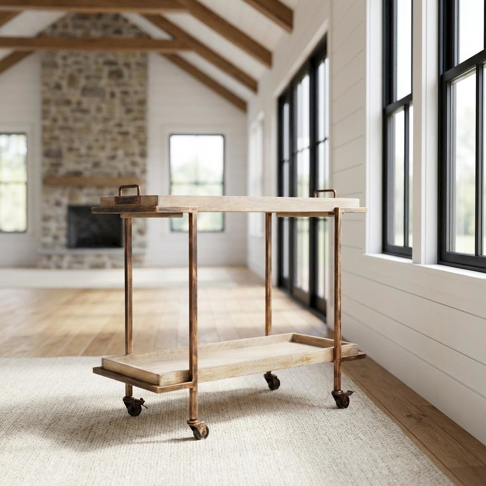 Light Distressed Finish Serving Cart with Ample Storage and Sturdy Construction