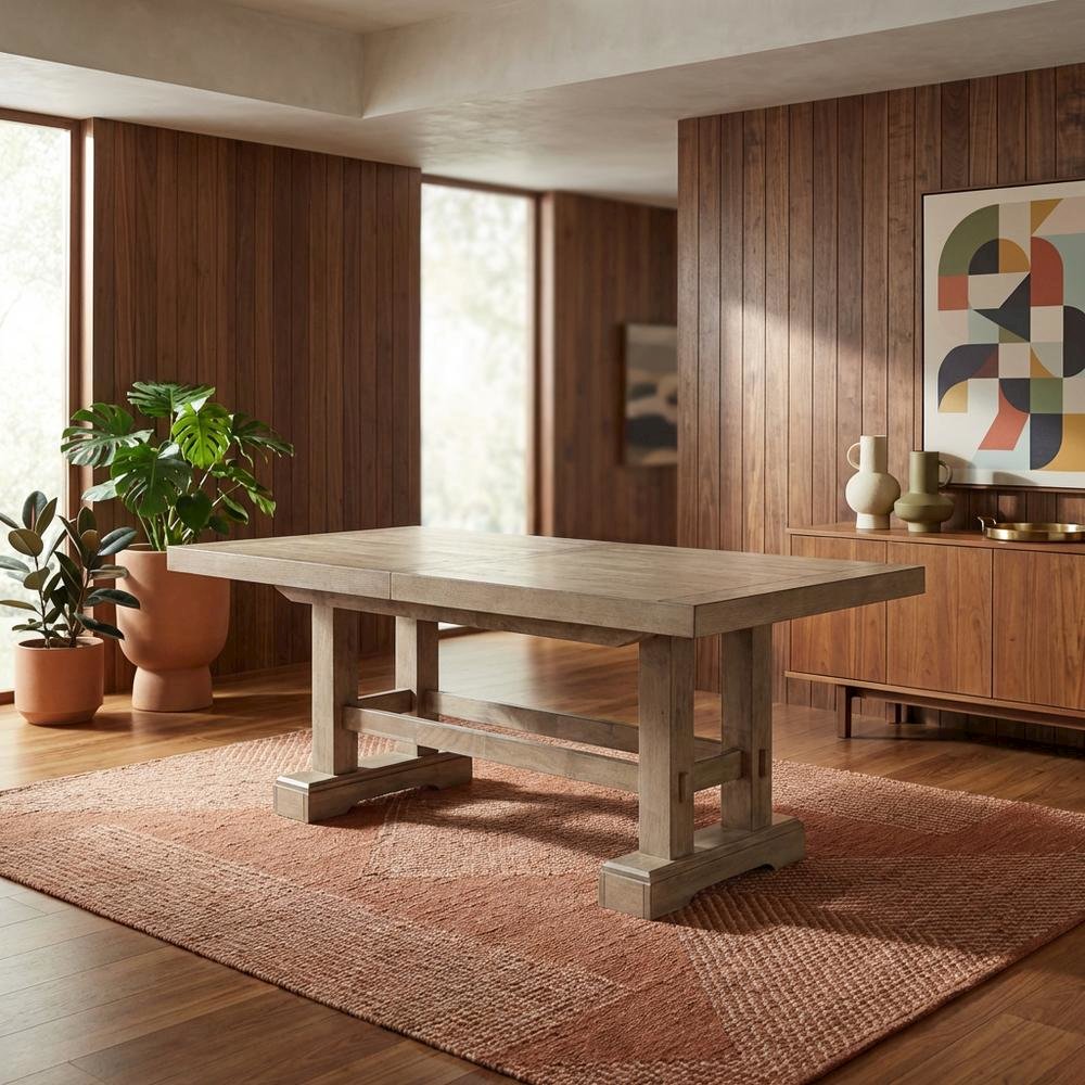Sand Rectangular Dining Table, Double Pedestal, Extension Leaves, Seats 10