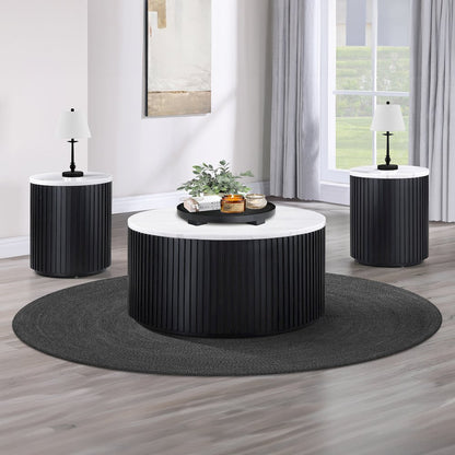 36" Round White Marble Top Coffee Table with Casters, Black Finish