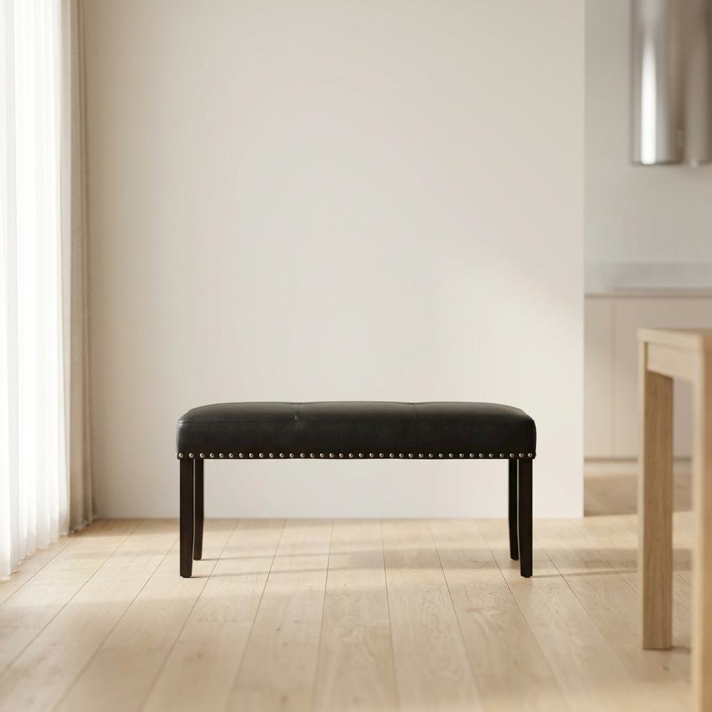 Ebony Wood Finish Dining Bench with Black Vinyl Seat, Stylish and Durable