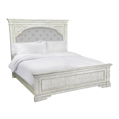 Rustic Ivory Queen Bed Frame with Upholstered Tufted Headboard and Panel Trim