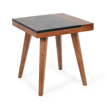 Mid Century End Table, Acacia Wood, Slate Veneer, Brass Inlay