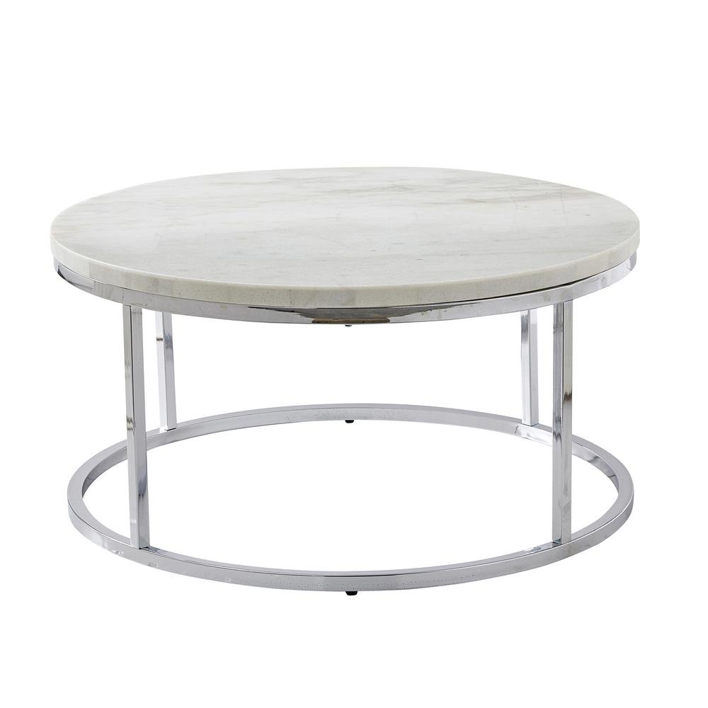 Round Cocktail Table, White Genuine Marble, Chrome Base, Contemporary Luxury