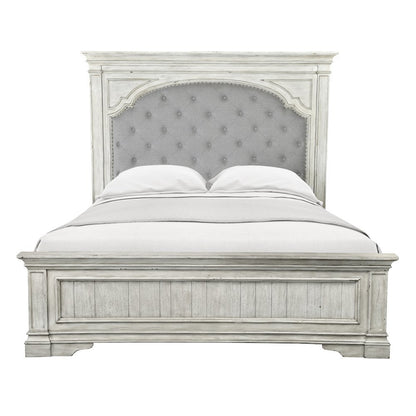 Rustic Ivory Queen Bed Frame with Upholstered Tufted Headboard and Panel Trim