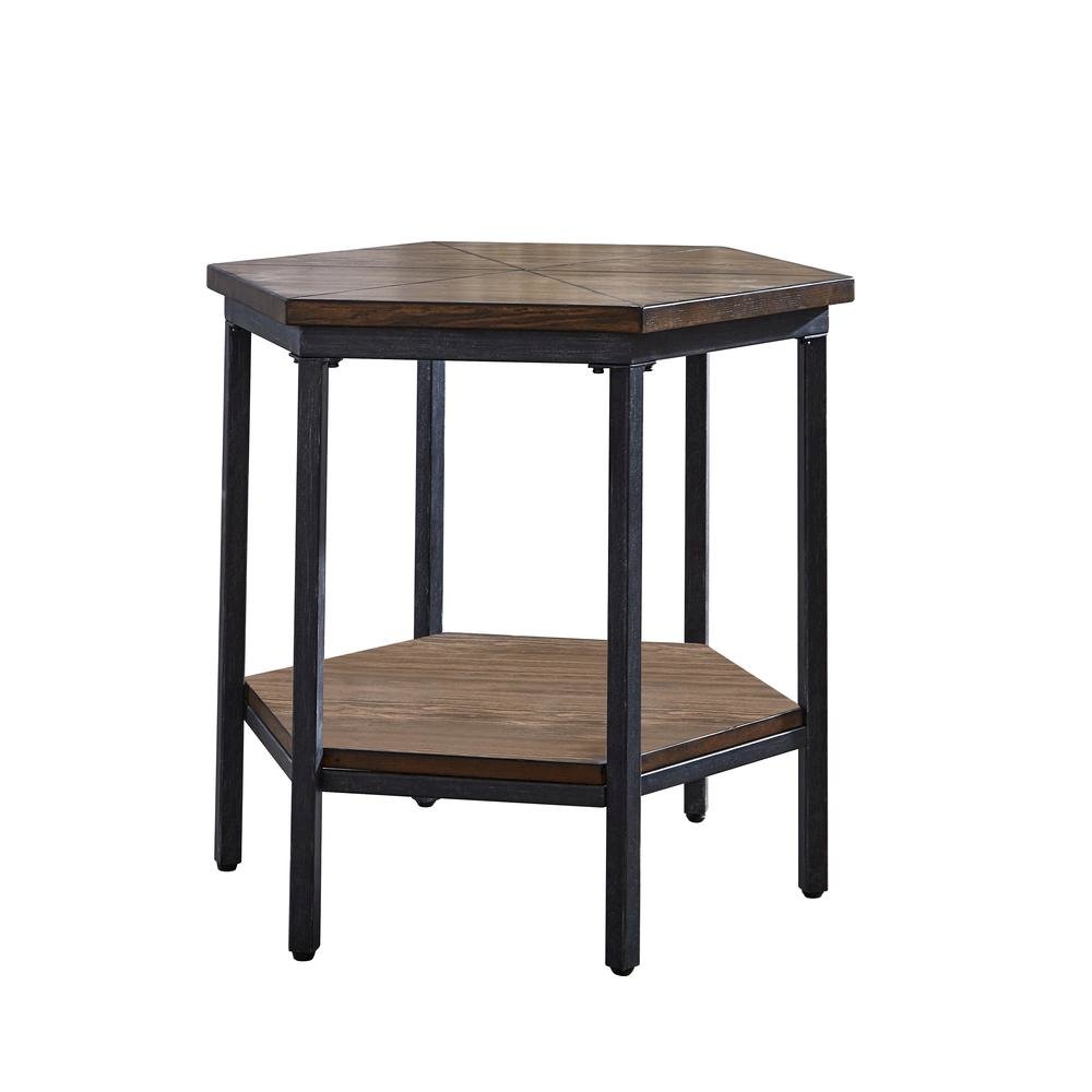 Hexagon End Table with Ash Veneer Top and Iron Base – Accent Table with Shelf