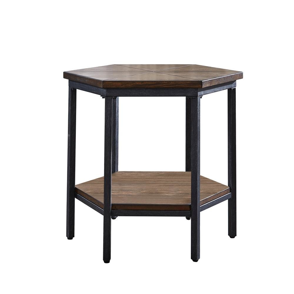 Hexagon End Table with Ash Veneer Top and Iron Base – Accent Table with Shelf