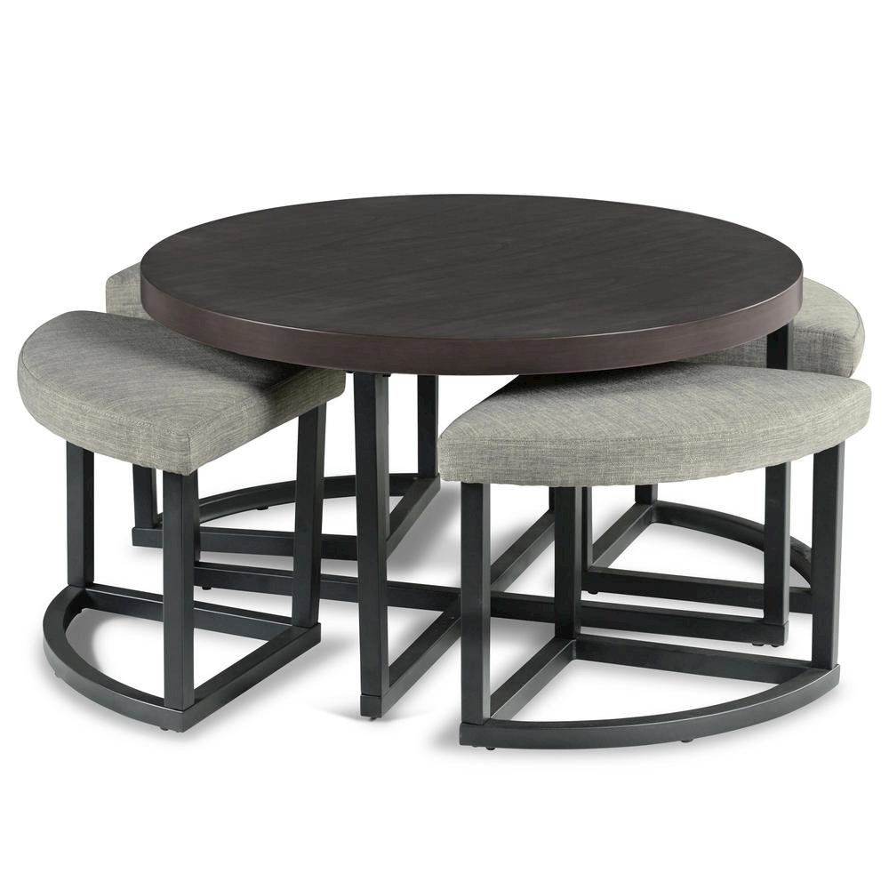 Round Coffee Table with Stools, Mindi Veneer, 5 Piece Set, Brown