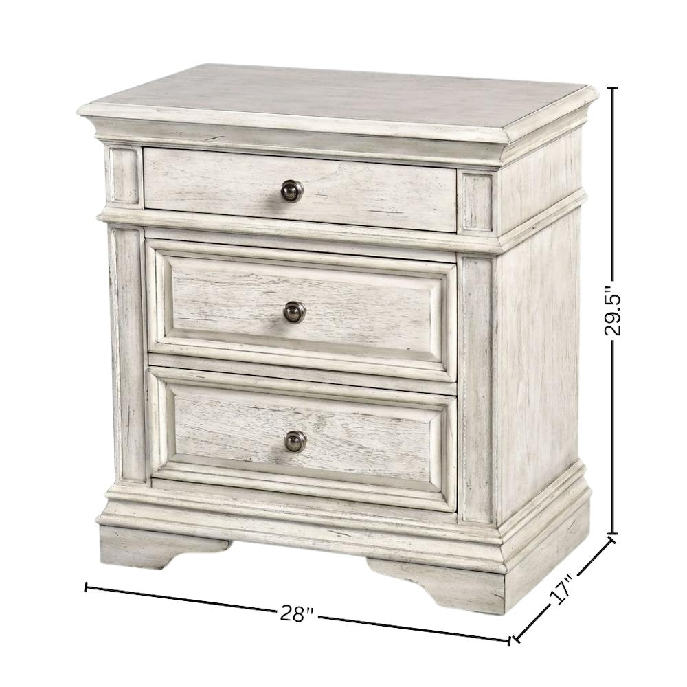 Rustic Ivory Finished 3 Drawer Nightstand - Bedside Table with Drawers