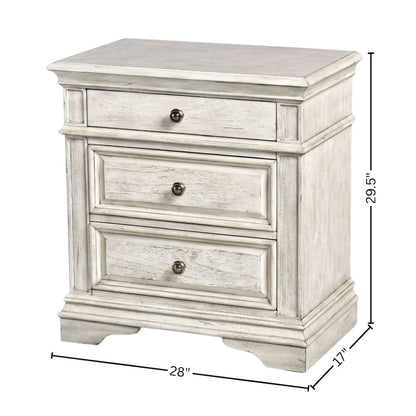 Rustic Ivory Finished 3 Drawer Nightstand - Bedside Table with Drawers