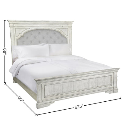 Rustic Ivory Queen Bed Frame with Upholstered Tufted Headboard and Panel Trim