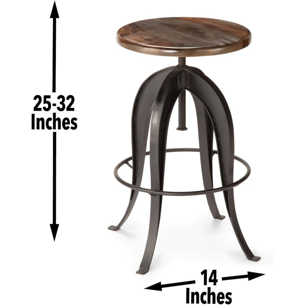 Adjustable Swivel Bar Stool, Sheesham Wood, Cast Iron Base, Industrial