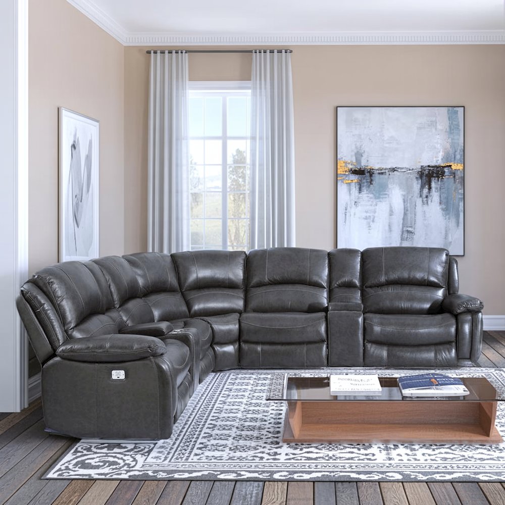 Charcoal Leather Sectional with Power Recline, USB Ports, and L Shaped Couch